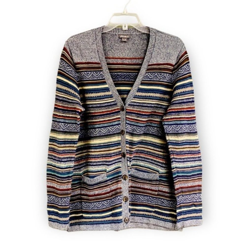 Eddie Bauer Women’s Grandpa Cardigan Striped Sweater V-neck Button Front Pockets